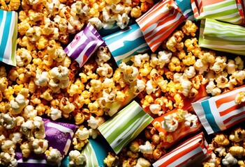 colorful gourmet popcorn varieties eye catching striped bags collection snacking, flavored, snacks, assorted, packaging, selection, mix, treats, assortment, flavors