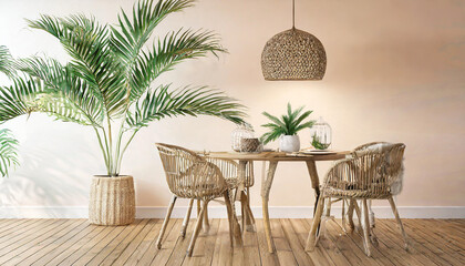 Dining room wall mock up with Areca palm, rattan dining set, wooden table on wooden floor