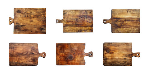 Collection of wooden cutting board or chopping board isolated on a transparent background, top view, cut out, PNG