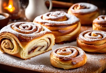 Fototapeta premium dusted cinnamon rolls powdered sugar, baked, pastry, sweet, dessert, treat, delicious, homemade, bakery, confectionery, aromatic, flavorful, icing, swirl