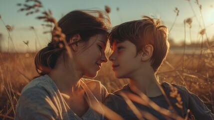 Fototapeta premium A woman and a young boy standing together in a green field, with no other people or objects in sight