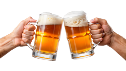 Hands holding a glass of beer on white background