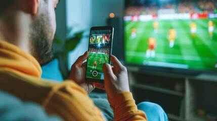 Close up of man holding smartphone with sports bets app to camera while watching football match at home copy space