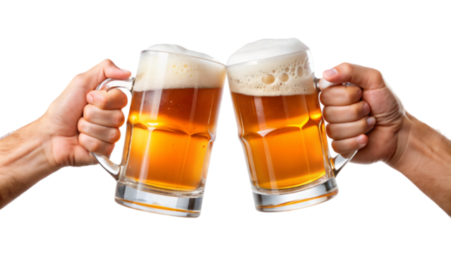 Hands holding a glass of beer on white background