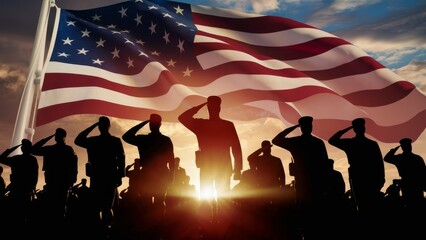 Veterans Day honor with silhouetted soldiers saluting the American flag