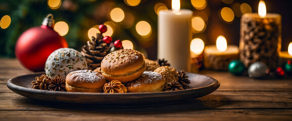 Bokeh with blur background: Christmas cookies on a plate with lit candles and festive decorations.