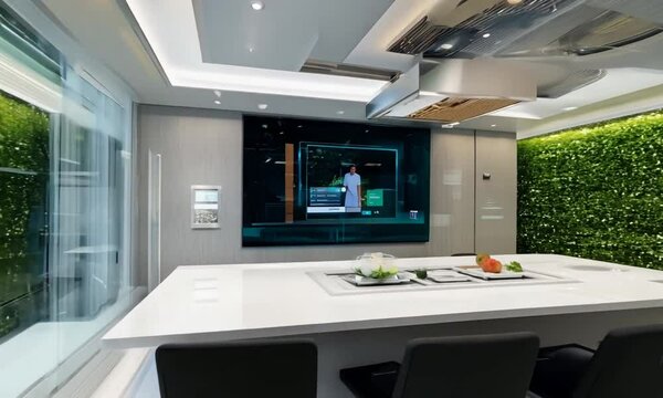 Detailed walkthrough of a futuristic smart home, highlighting advanced technology and modern design, 4K hyperrealistic video.