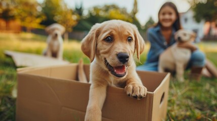 Family with kids and pets moving to new home. Cute dog sitting in cardboard box. Moving to new home, packing and unpacking boxes, relocation, renovation, removals and delivery service concept