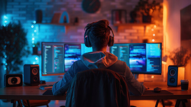 Developer at work in modern home office with triple monitors and ambient lighting