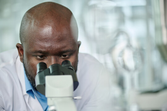 Young bald medical expert looking in microscope by workplace while carrying out scientific research concerning new virus