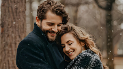 Obraz premium A couple cuddling and smiling outside