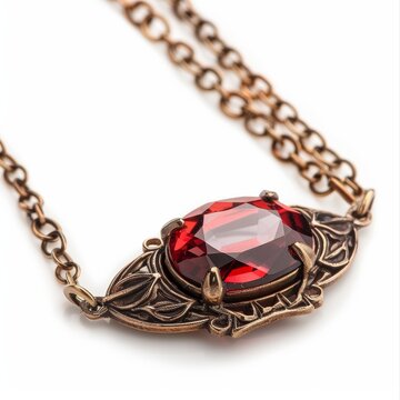 Design a ruby and bronze necklace, rustic antique design, isolated white background