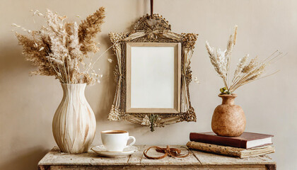empty wooden picture frame mockup hanging on beige wall background boho shaped vase dry flowers on table cup of coffee old books working space home office art white room with a table