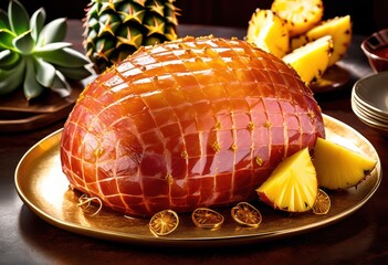 shiny glazed ham pineapple rings freshly cooked dish, food, meal, holiday, dinner, sweet, savory, meat, fruit, juicy, succulent, baked, traditional, homemade