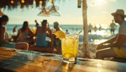 Summer Cocktail on Beach Table.