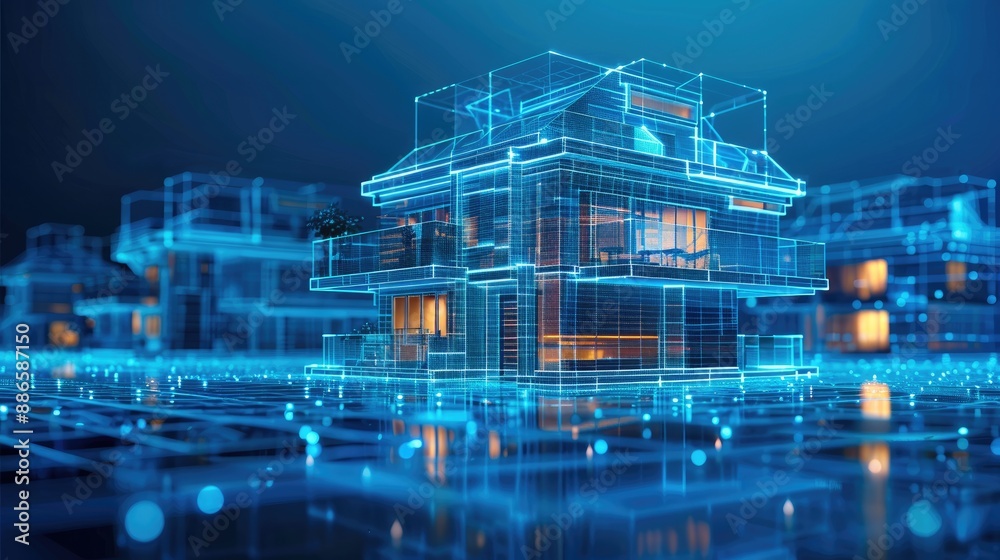 Poster Modern smart home, against the background high-rise buildings. Development architecture computer systems of smart building. Hologram of the smart home is isolated on blue background. Generative AI.