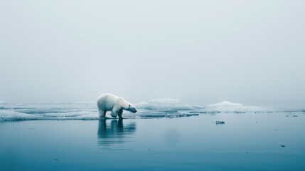 Fototapeta premium Polar bear walking on ice floe in arctic landscape.