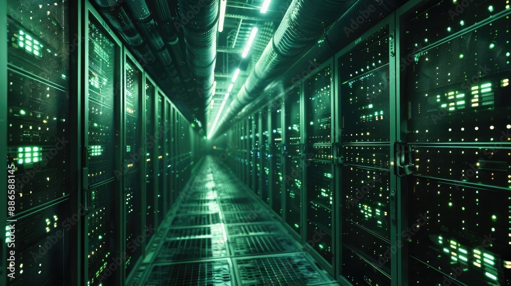 Leinwandbilder Inside a massive server farm of early computer servers. Greenish blue color palette. Dark. Generative AI.