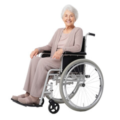 Full body of happy and smiling senior female with white hair looking at camera while sitting on walking disabled wheelchair and isolated against transparent background, png file.