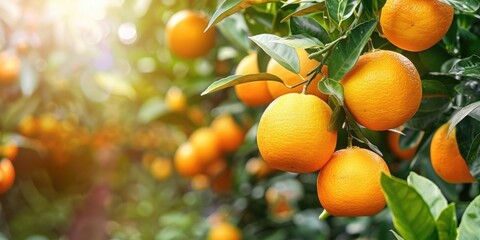 A bunch of oranges hanging from a tree branch, ripe and ready to eat