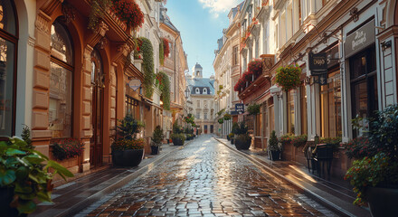 Obraz premium Street view with a mix of traditional and contemporary buildings. Generative AI.