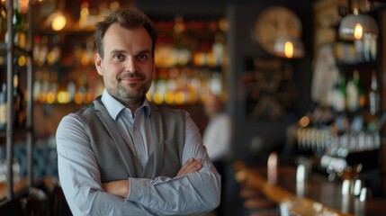 Fototapeta premium A person standing in front of a bar with their arms crossed, possibly waiting or contemplating