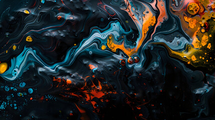 A painting of a dark blue and orange swirl with a splash of yellow