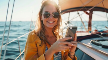 Luxury travel on the yacht Young happy woman using smartphone on boat deck sailing the sea Yachting and technology
