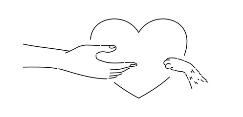 Human hand and cat paw with a heart in outline drawing.