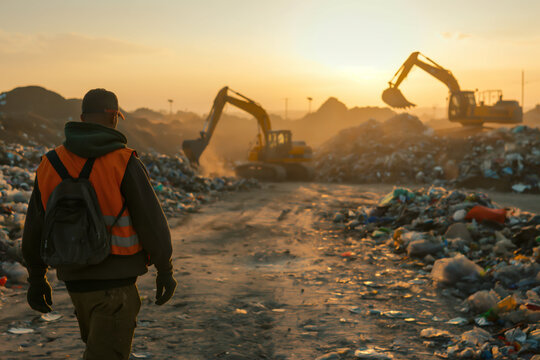 Worker Walking Through a Junkyard at Sunrise with Excavators in the Background, Emphasizing Waste Management and Environmental Impact.