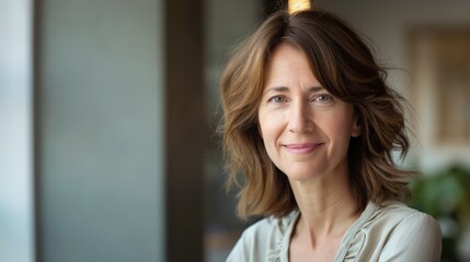 Fototapeta premium Western European Middle Aged Woman Smiling, Natural Light, Professional Setting, Cognitive Confidence, Diversity