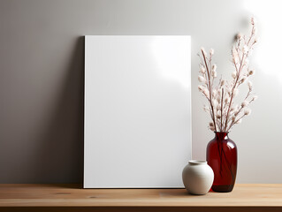 Minimalistic decor featuring a blank canvas and two vases on a wooden table against a neutral wall.