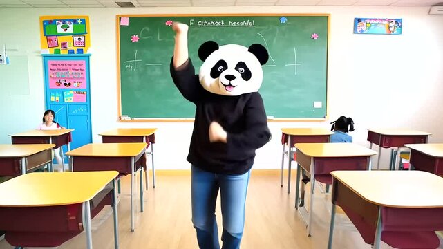 A lively female teacher in a panda mask dances enthusiastically in front of a classroom blackboard.