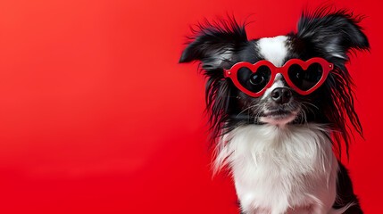 A dog wearing sunglasses and a heart shaped frame on its face