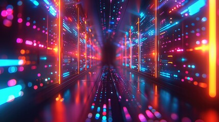 Illuminated Network, Glowing Data Streams Flow Through a Sleek 3D Cloud Server, futuristic technology and vibrant colors. Generative AI.