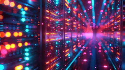 Illuminated Network, Glowing Data Streams Flow Through a Sleek 3D Cloud Server, futuristic technology and vibrant colors. Generative AI.