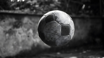 A soccer ball is in the air, with a black and white background