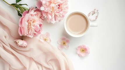 Pink peonies coffee with milk and cute feminine accessories on the white background