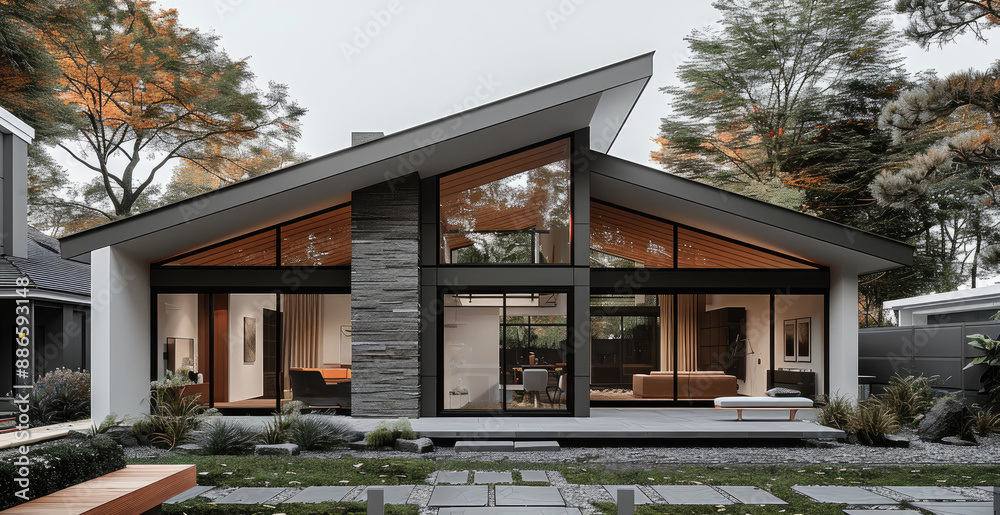 Poster A modern style small two-story single building house with a gable roof design in gray color scheme, featuring stone exterior walls and wooden beams on the front wall. More big windows. Generative AI.