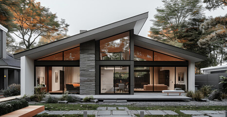 A modern style small two-story single building house with a gable roof design in gray color scheme, featuring stone exterior walls and wooden beams on the front wall. More big windows. Generative AI.