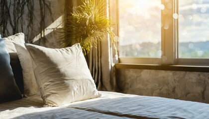 light soft pillow on beautiful bed cozy bedroom with sun light from window interior concept
