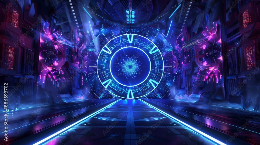 Aufkleber a futuristic corridor with glowing blue neon lights leading to a large glowing blue portal surrounde