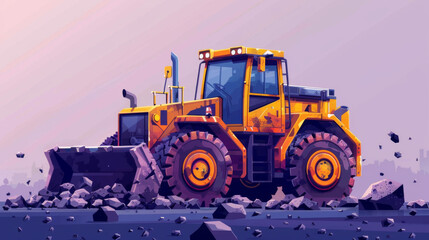Bright yellow bulldozer working on a rocky construction site, clearing rubble and preparing the ground for building.