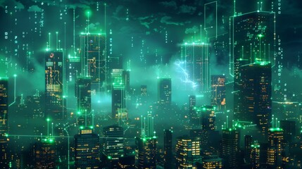 Obraz premium Futuristic Smart Cyber City illustration: Innovative Urban Landscape, futuristic technology concept, Graphic Resources, Wallpapers, Brochure, Websites, banner design, Advertising, web, background