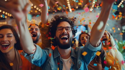 Obraz premium Thrilling Marketing Team Celebrates Successful Campaign Launch with Vibrant Digital Screens and Decor