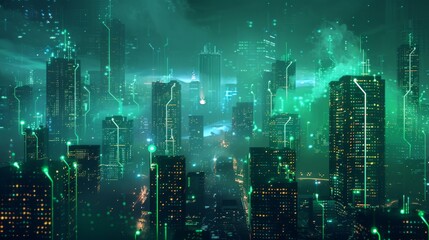 Fototapeta premium Futuristic Smart Cyber City illustration: Innovative Urban Landscape, futuristic technology concept, Graphic Resources, Wallpapers, Brochure, Websites, banner design, Advertising, web, background
