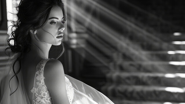 A beautiful woman with an impressive body, bride, black and white, wedding. Generative AI.