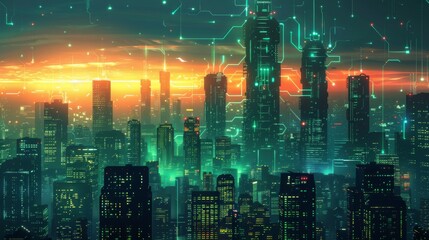 Obraz premium Futuristic Smart Cyber City illustration: Innovative Urban Landscape, futuristic technology concept, Graphic Resources, Wallpapers, Brochure, Websites, banner design, Advertising, web, background