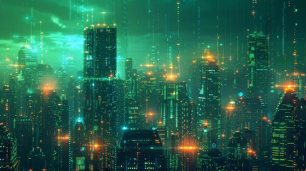 Obraz premium Futuristic Smart Cyber City illustration: Innovative Urban Landscape, futuristic technology concept, Graphic Resources, Wallpapers, Brochure, Websites, banner design, Advertising, web, background