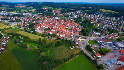 Aerial panorama around the old town of the city Heideck during an overcast summer day in Bavaria.